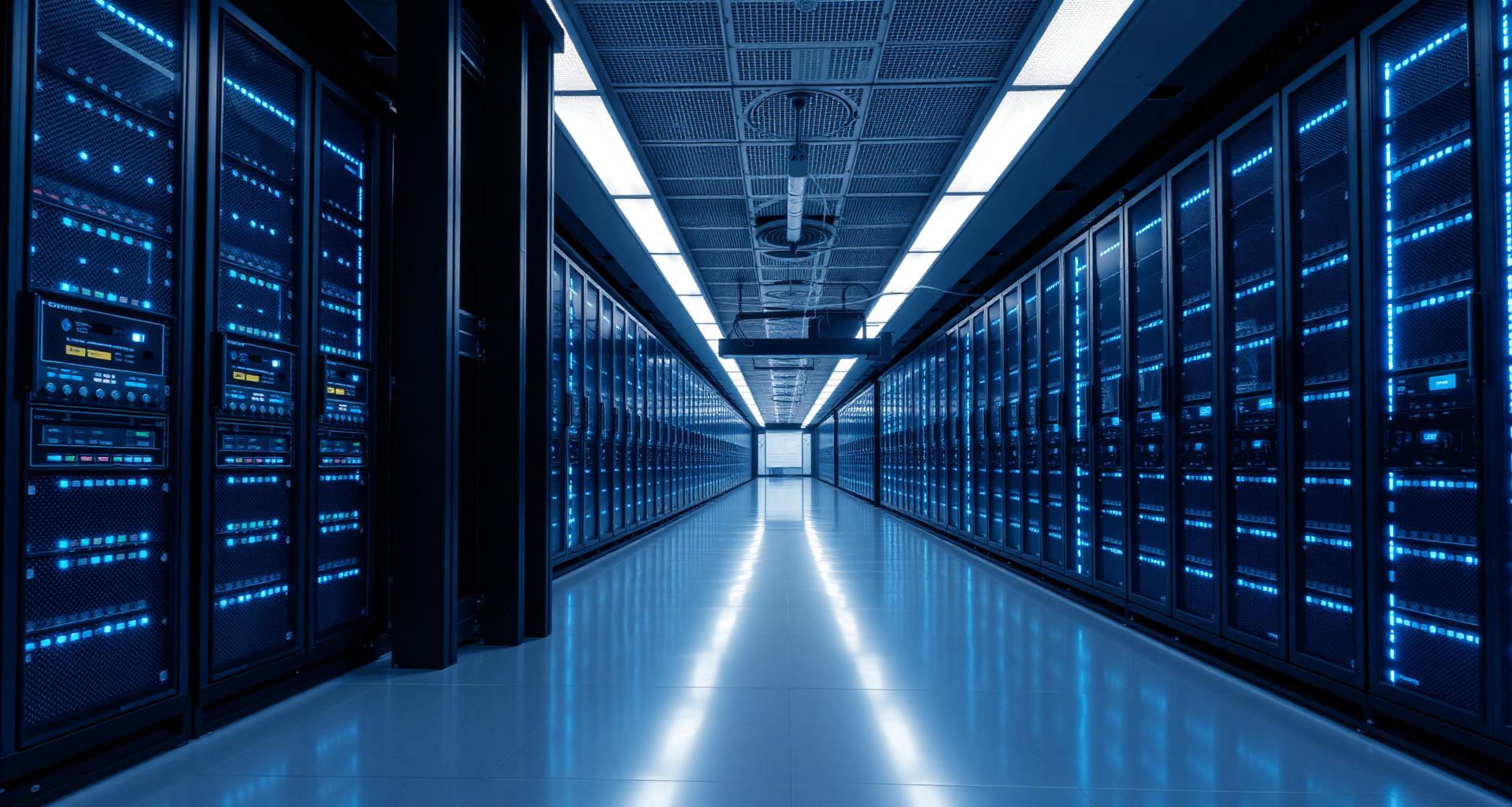 Intérieur d'un datacenter moderne avec baies serveurs illuminées