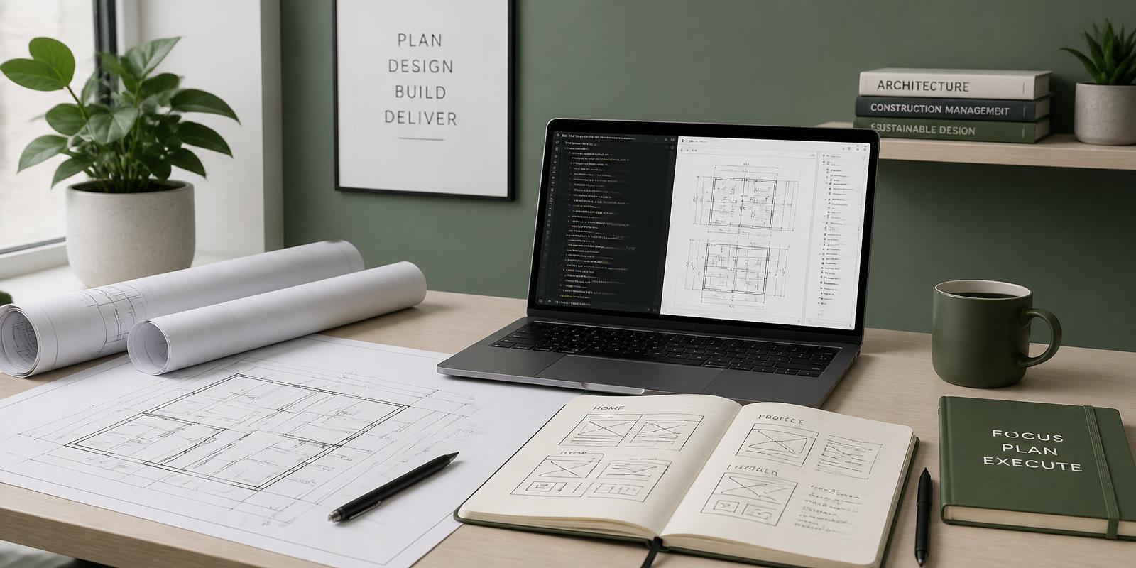 Bureau avec plans, ordinateur et carnets de conception technique